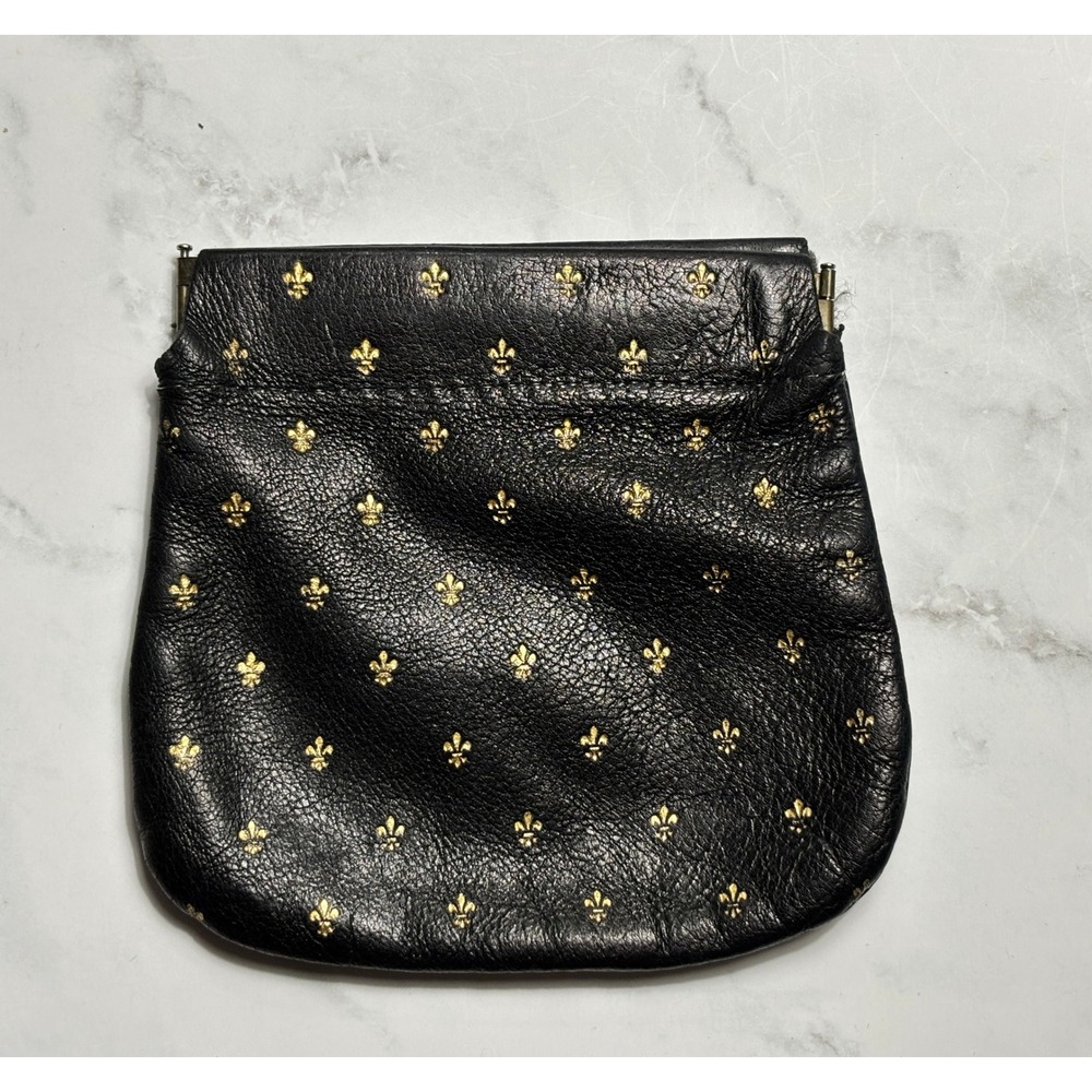 Scuola del Cuoio Firenze Black Leather Fleur-de-Lis Squeeze‎ Coin Purse Italy